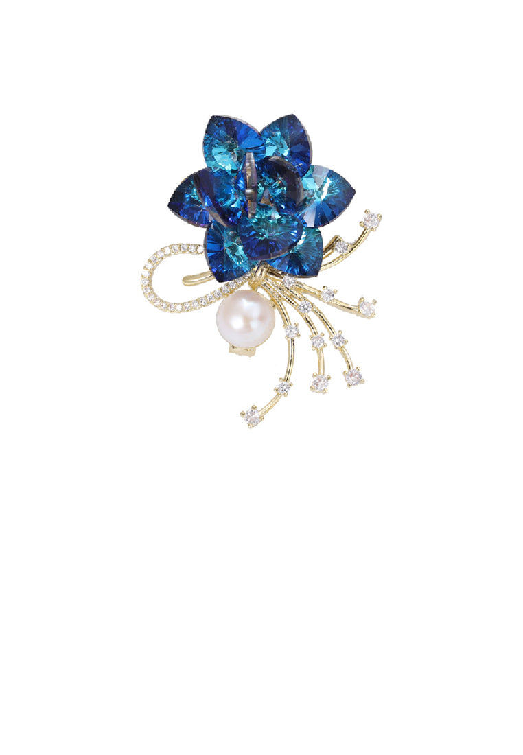 Elegant Brilliant Plated Gold Floral Imitation Pearl Brooch with Blue Cubic Zirconias - Luxurious Look