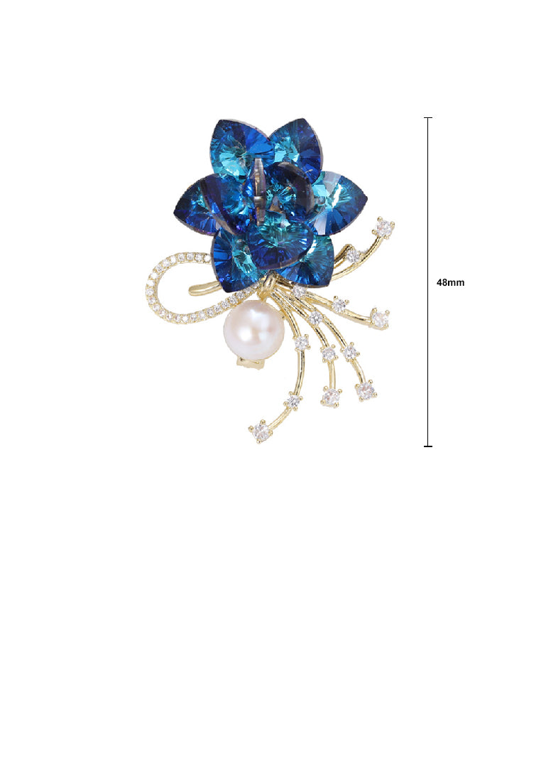 Elegant Brilliant Plated Gold Floral Imitation Pearl Brooch with Blue Cubic Zirconias - Luxurious Look