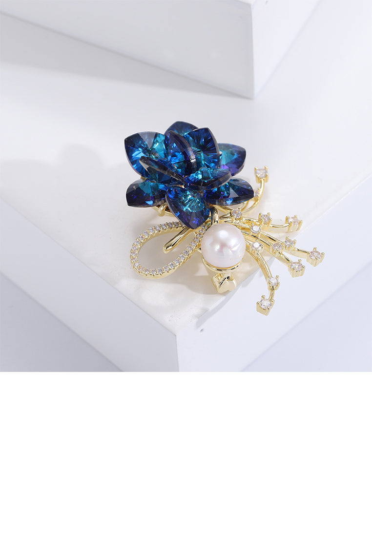 Elegant Brilliant Plated Gold Floral Imitation Pearl Brooch with Blue Cubic Zirconias - Luxurious Look
