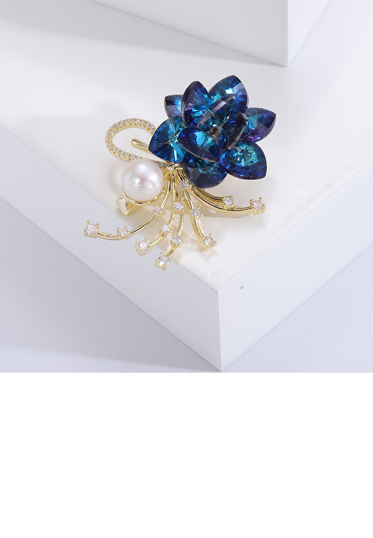Elegant Brilliant Plated Gold Floral Imitation Pearl Brooch with Blue Cubic Zirconias - Luxurious Look