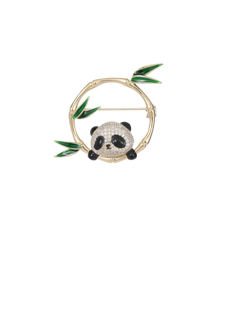 Cute Vintage Plated Gold Panda Bamboo Brooch with Cubic Zirconia - Luxurious Look