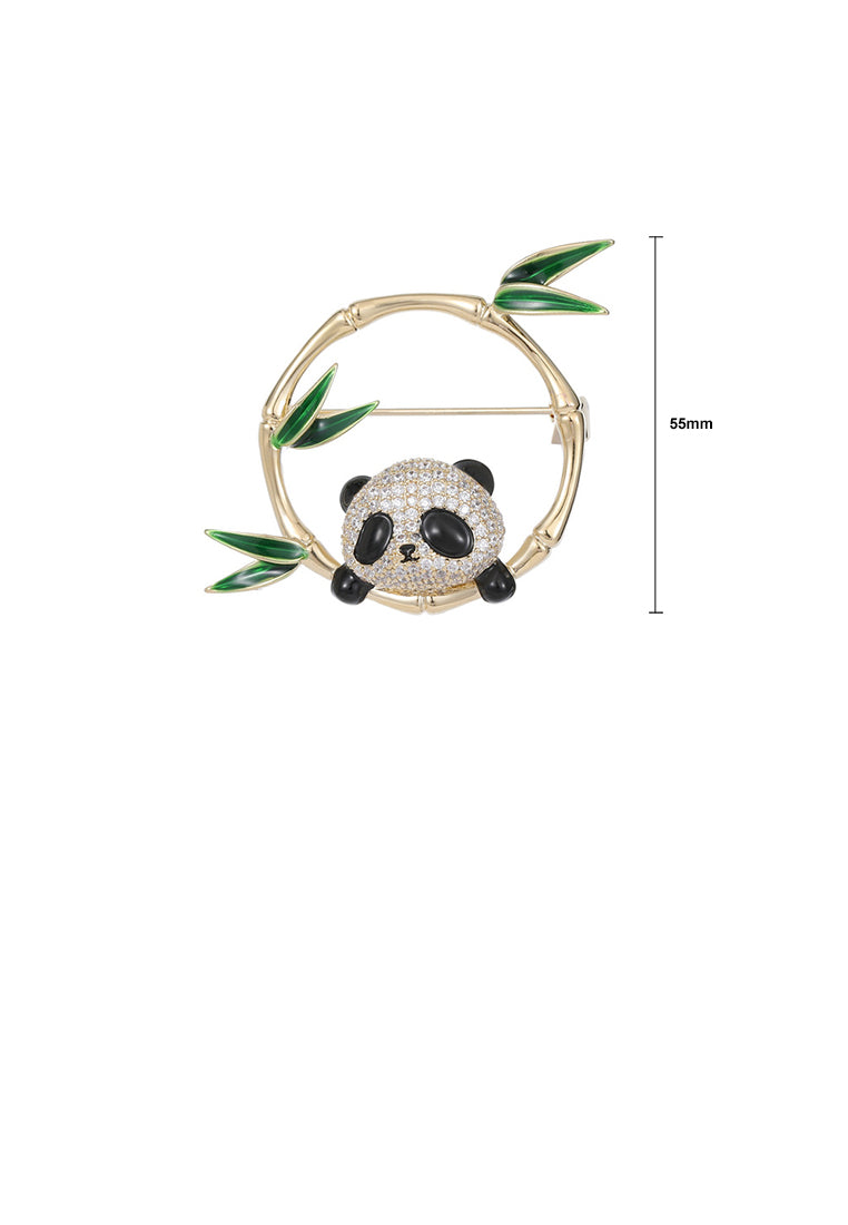 Cute Vintage Plated Gold Panda Bamboo Brooch with Cubic Zirconia - Luxurious Look