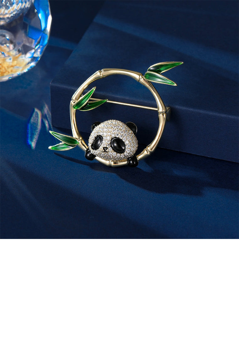 Cute Vintage Plated Gold Panda Bamboo Brooch with Cubic Zirconia - Luxurious Look