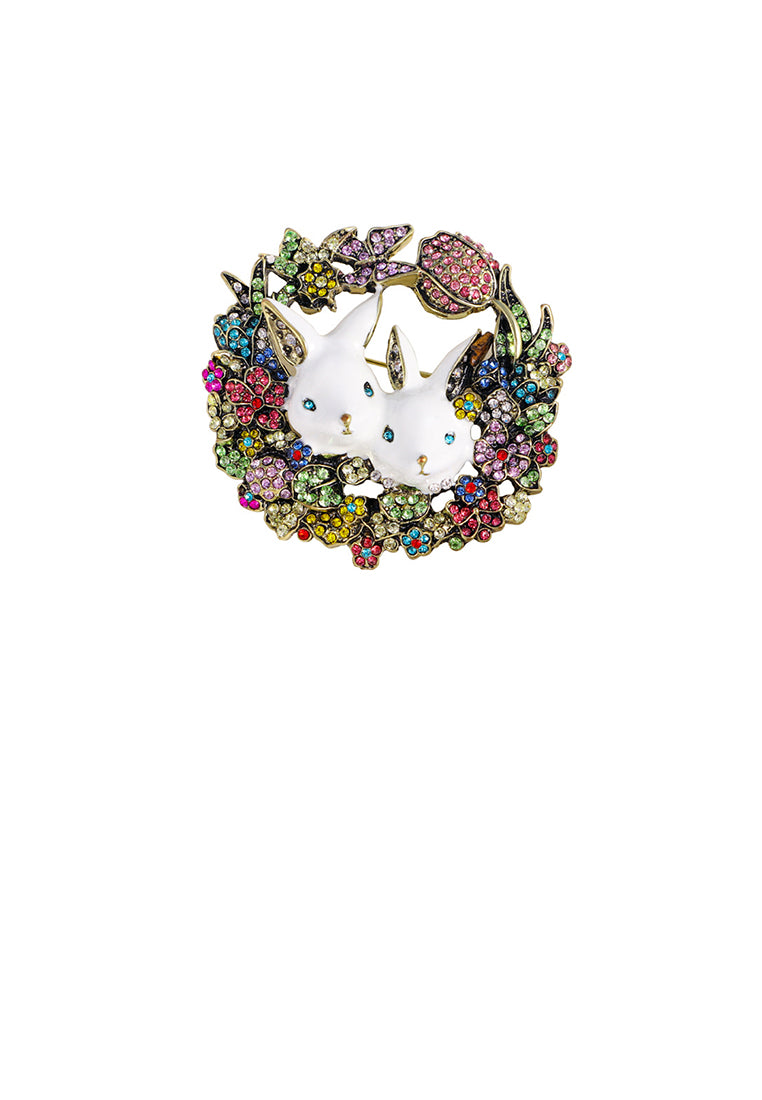 Fashion Vintage Plated Gold Rabbit Flower Brooch with Colored Cubic Zirconia - Luxurious Look