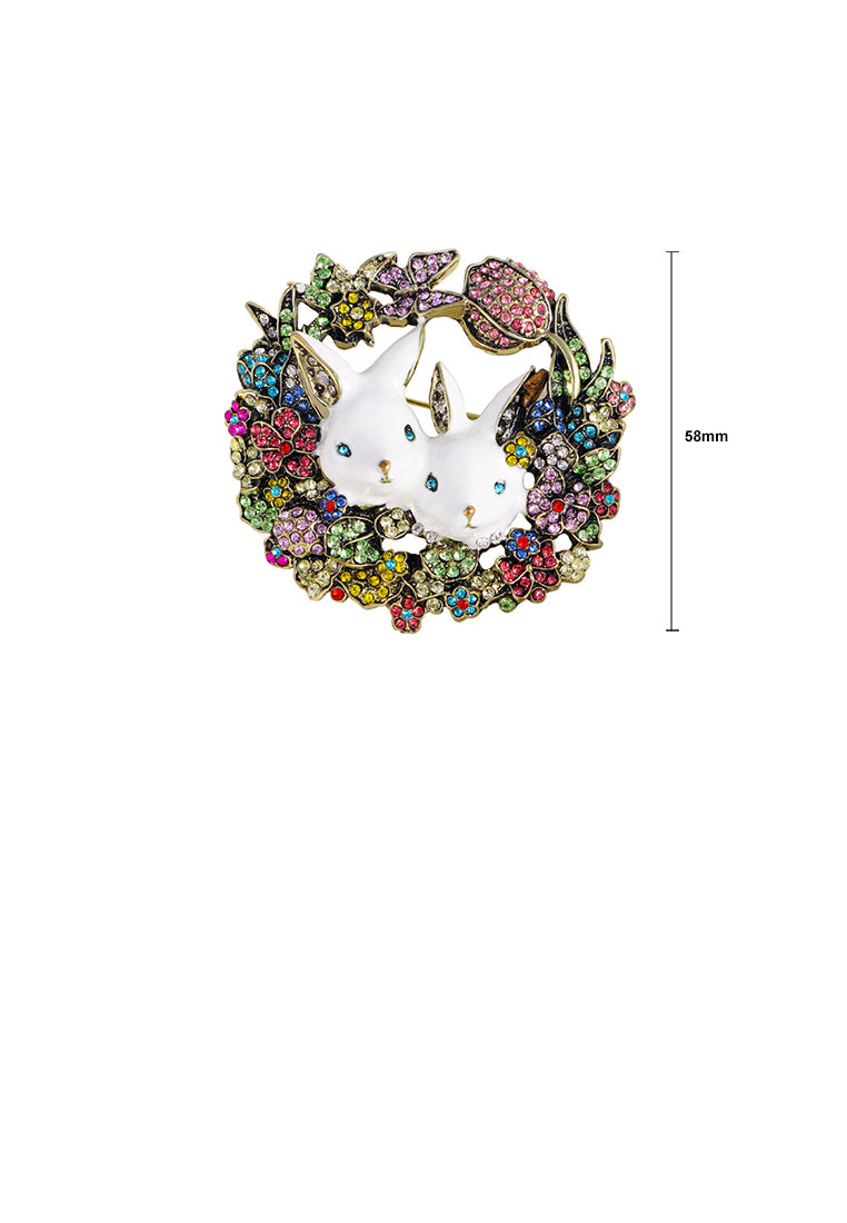 Fashion Vintage Plated Gold Rabbit Flower Brooch with Colored Cubic Zirconia - Luxurious Look