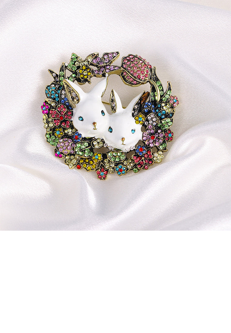 Fashion Vintage Plated Gold Rabbit Flower Brooch with Colored Cubic Zirconia - Luxurious Look
