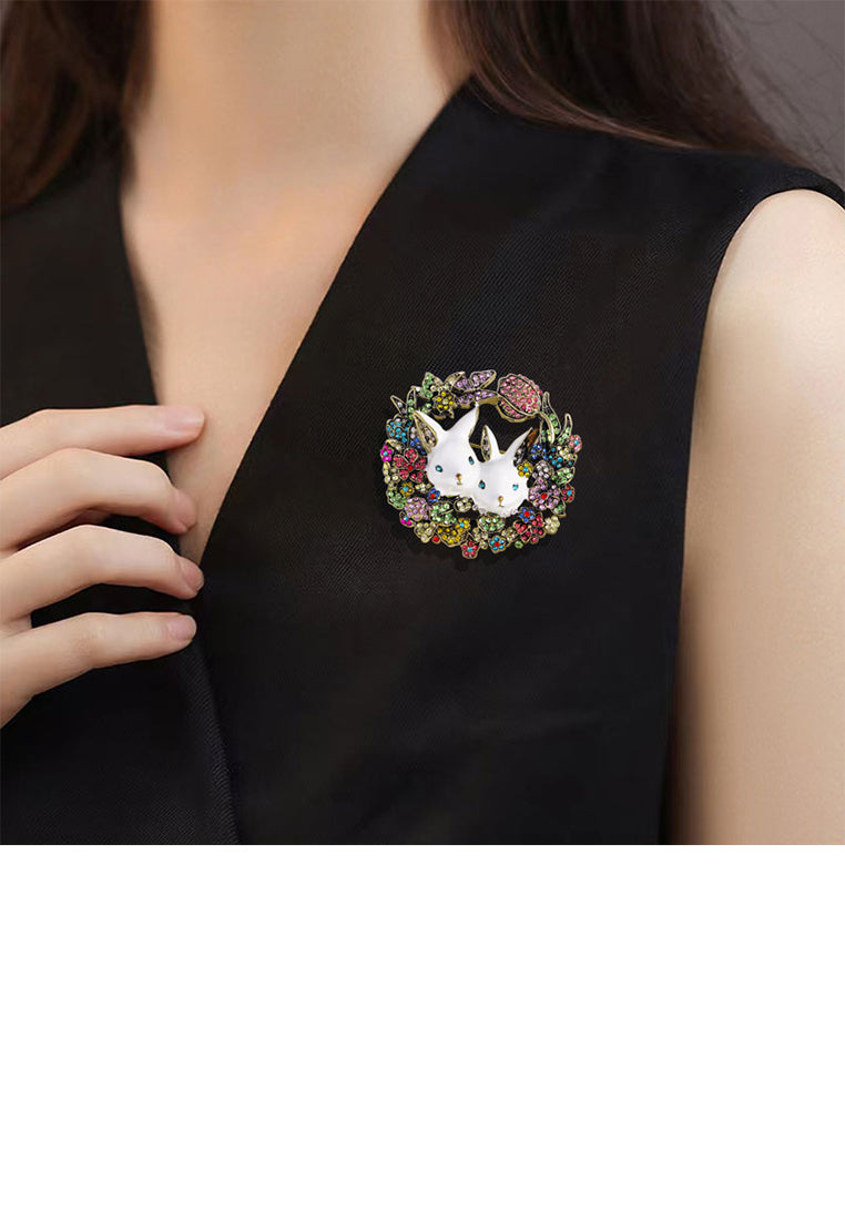 Fashion Vintage Plated Gold Rabbit Flower Brooch with Colored Cubic Zirconia - Luxurious Look