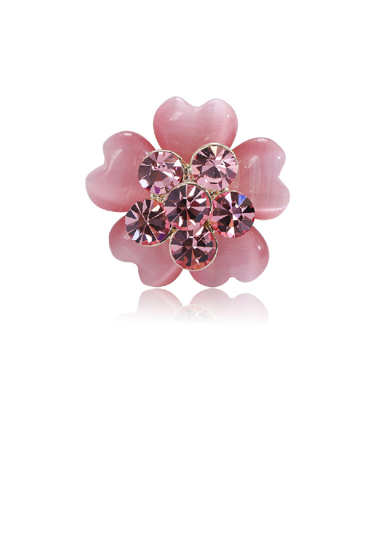 Fashion Simple Plated Gold Flower Imitation Opal Brooch with Pink Cubic Zirconia - Luxurious Look - Vibrant Color