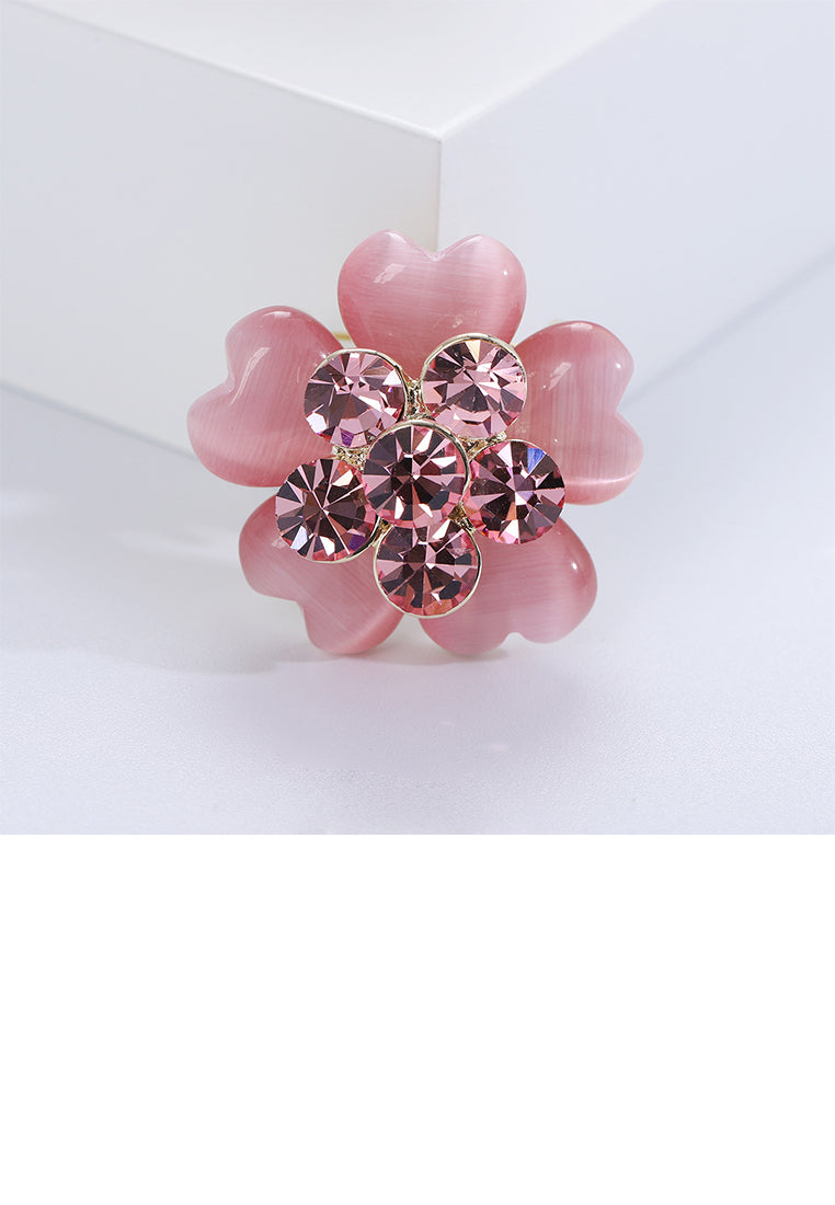 Fashion Simple Plated Gold Flower Imitation Opal Brooch with Pink Cubic Zirconia - Luxurious Look - Vibrant Color