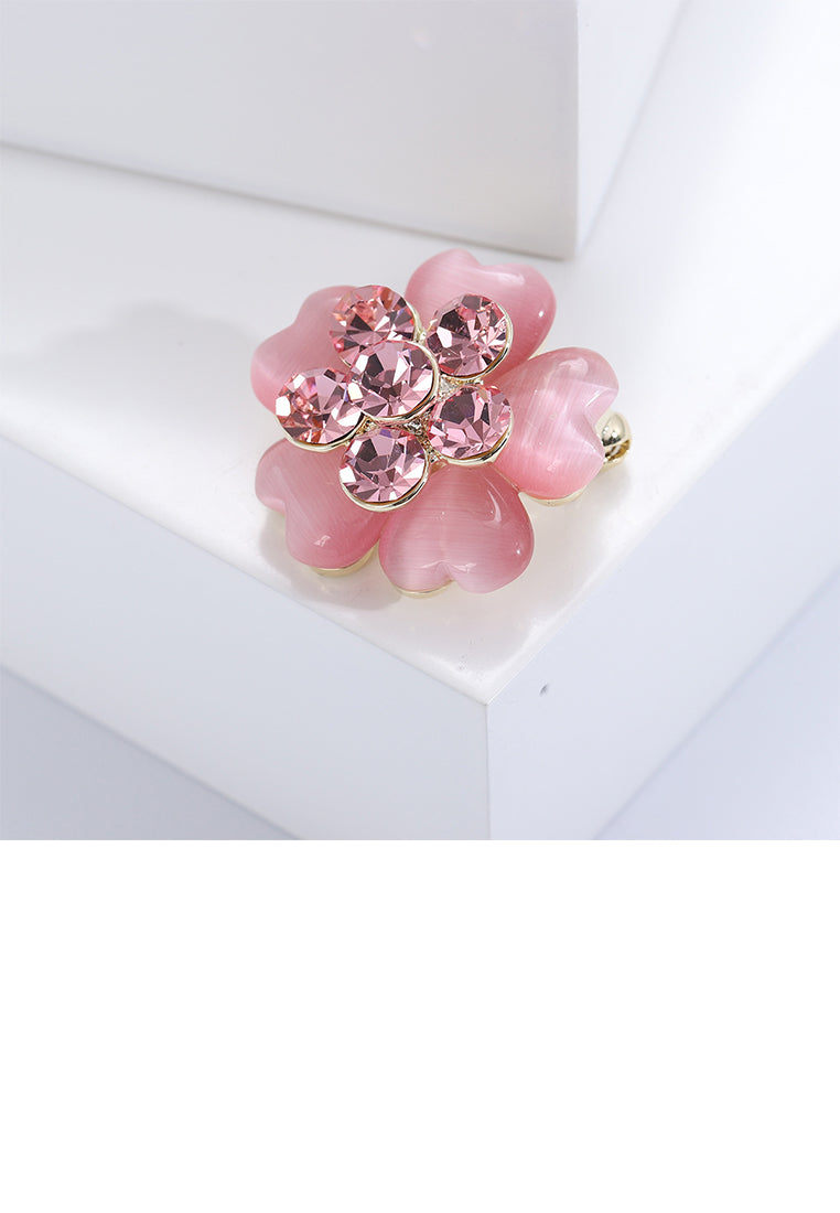 Fashion Simple Plated Gold Flower Imitation Opal Brooch with Pink Cubic Zirconia - Luxurious Look - Vibrant Color