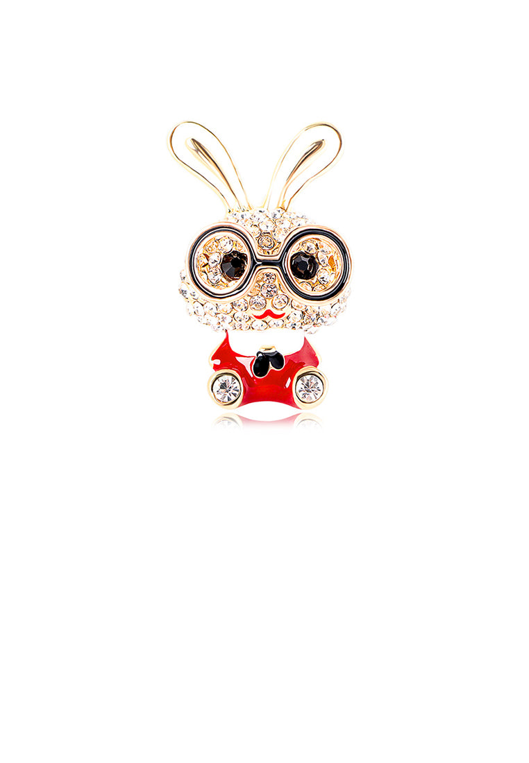 Simple Cute Plated Gold Enamel Red Rabbit Brooch with Cubic Zirconia - Luxurious Look - Vibrant Color