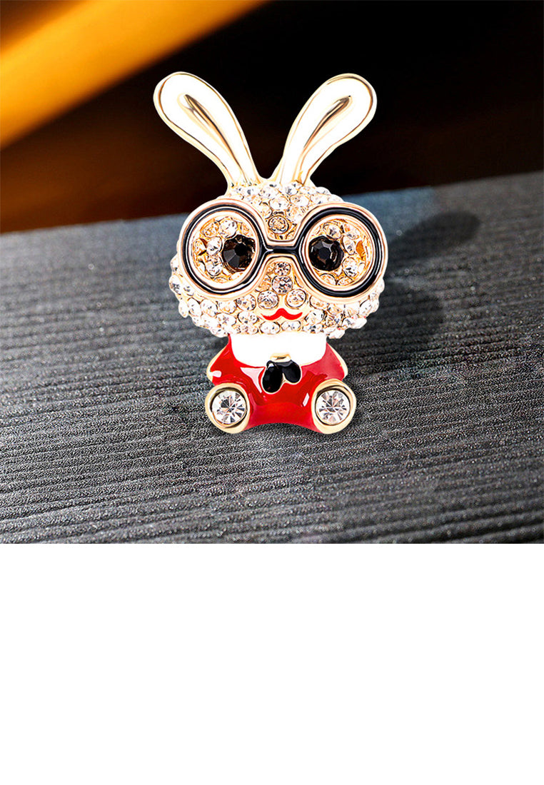 Simple Cute Plated Gold Enamel Red Rabbit Brooch with Cubic Zirconia - Luxurious Look - Vibrant Color