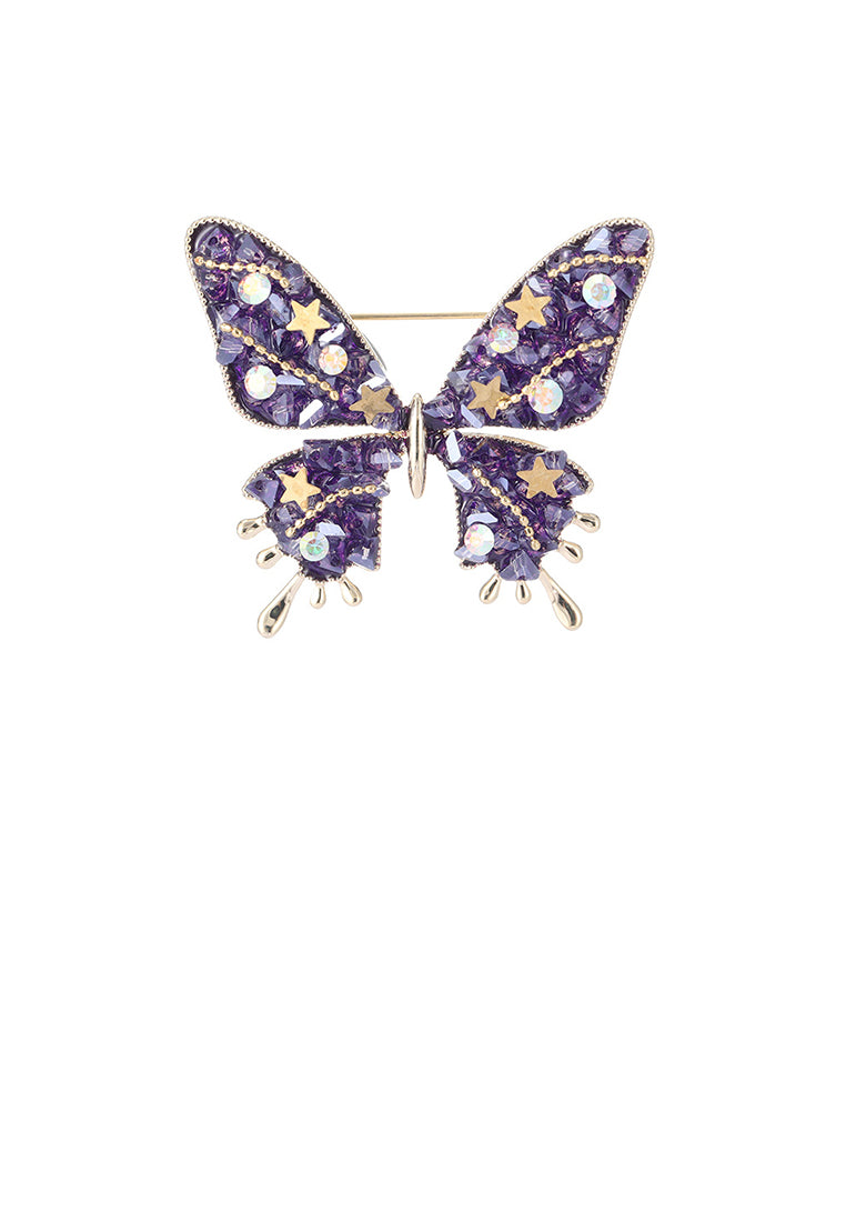 Fashion and Elegant Plated Gold Butterfly Brooch with Purple Cubic Zirconia - Luxurious Look