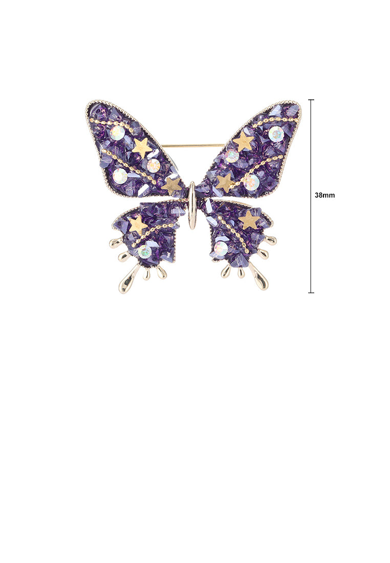 Fashion and Elegant Plated Gold Butterfly Brooch with Purple Cubic Zirconia - Luxurious Look