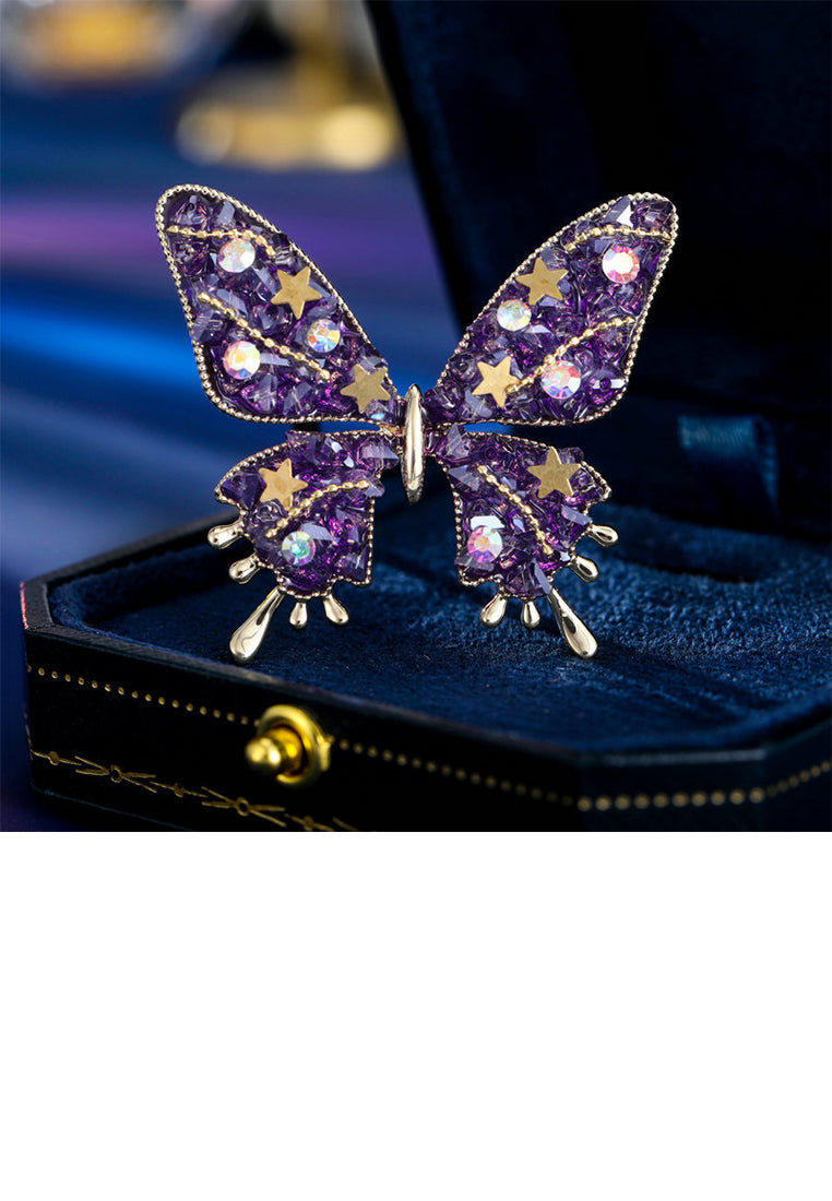 Fashion and Elegant Plated Gold Butterfly Brooch with Purple Cubic Zirconia - Luxurious Look