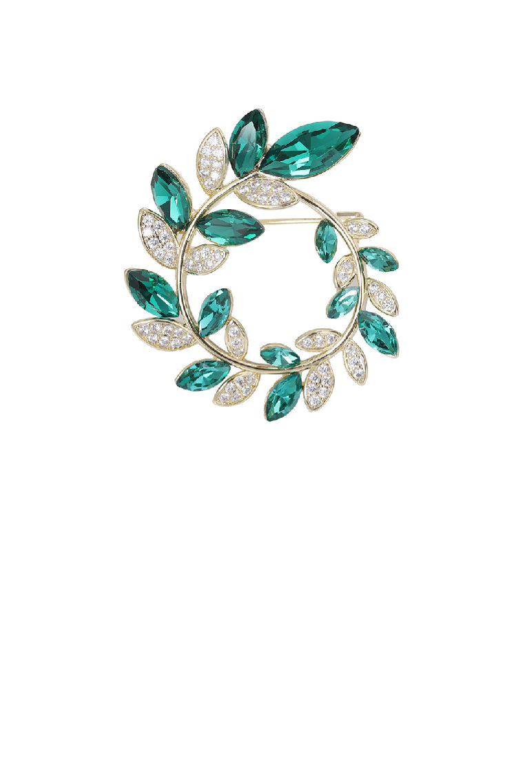 Fashion Simple Plated Gold Olive Branch Wreath Brooch with Green Cubic Zirconia - Luxurious Look