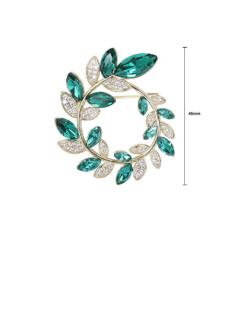 Fashion Simple Plated Gold Olive Branch Wreath Brooch with Green Cubic Zirconia - Luxurious Look