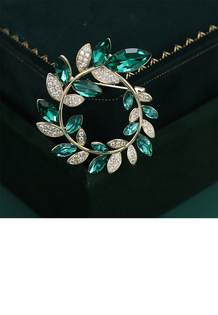 Fashion Simple Plated Gold Olive Branch Wreath Brooch with Green Cubic Zirconia - Luxurious Look