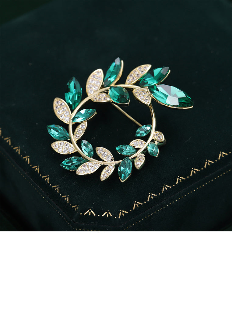 Fashion Simple Plated Gold Olive Branch Wreath Brooch with Green Cubic Zirconia - Luxurious Look