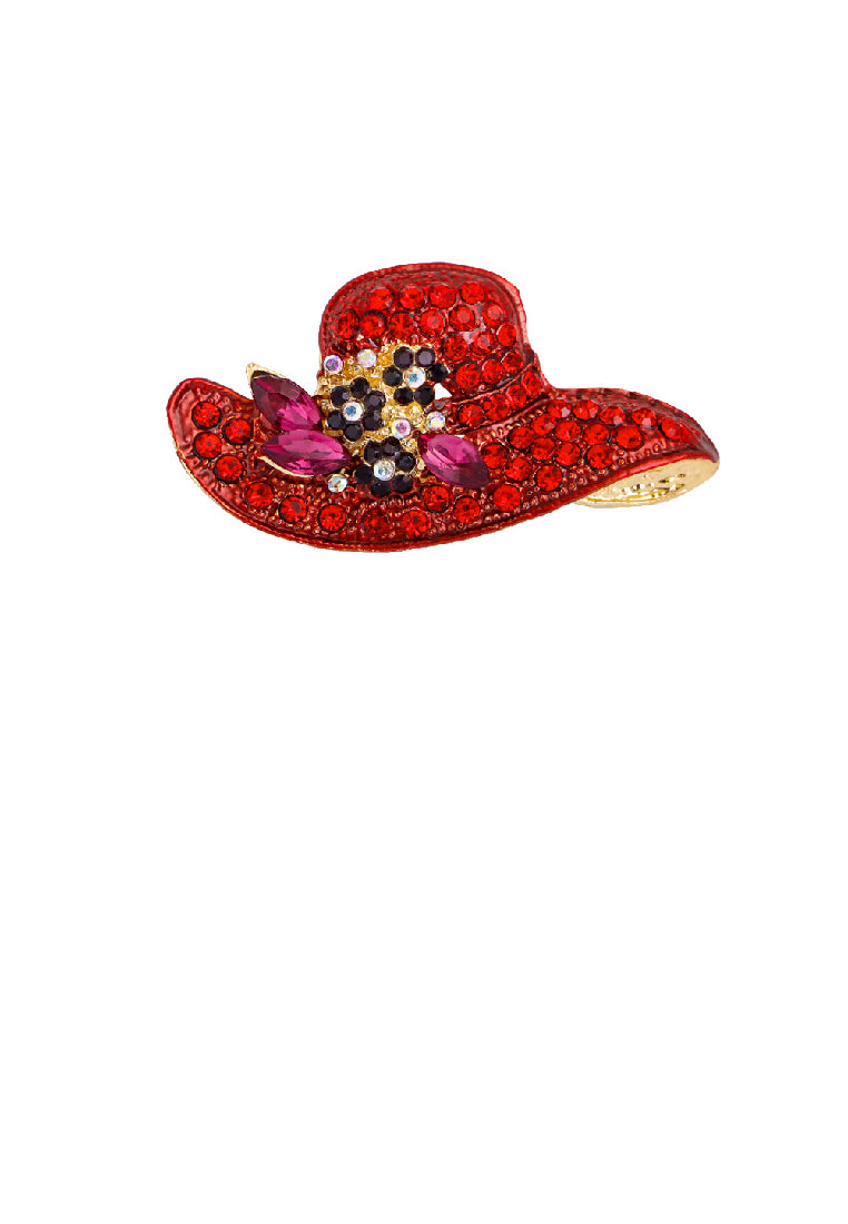 Fashion Brilliant Plated Gold Hat Brooch with Red Cubic Zirconia - Luxurious Look - Vibrant Color