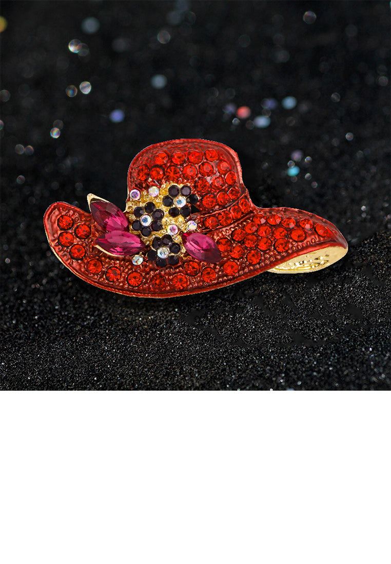 Fashion Brilliant Plated Gold Hat Brooch with Red Cubic Zirconia - Luxurious Look - Vibrant Color
