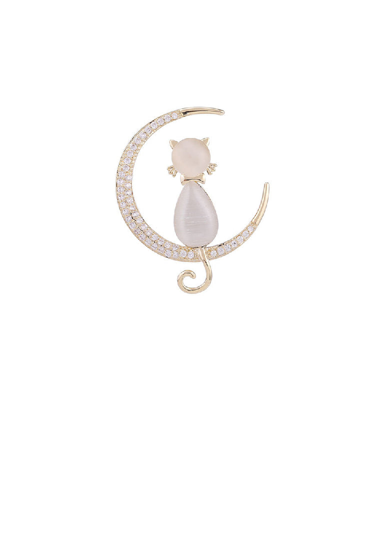 Fashion Simple Plated Gold Cat Imitation Opal Moon Brooch with Cubic Zirconia - Luxurious Look