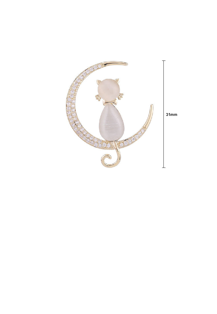 Fashion Simple Plated Gold Cat Imitation Opal Moon Brooch with Cubic Zirconia - Luxurious Look