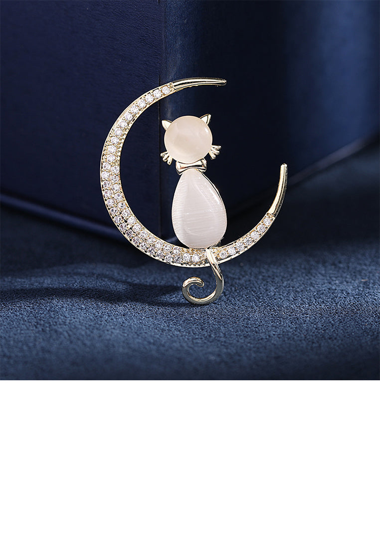 Fashion Simple Plated Gold Cat Imitation Opal Moon Brooch with Cubic Zirconia - Luxurious Look