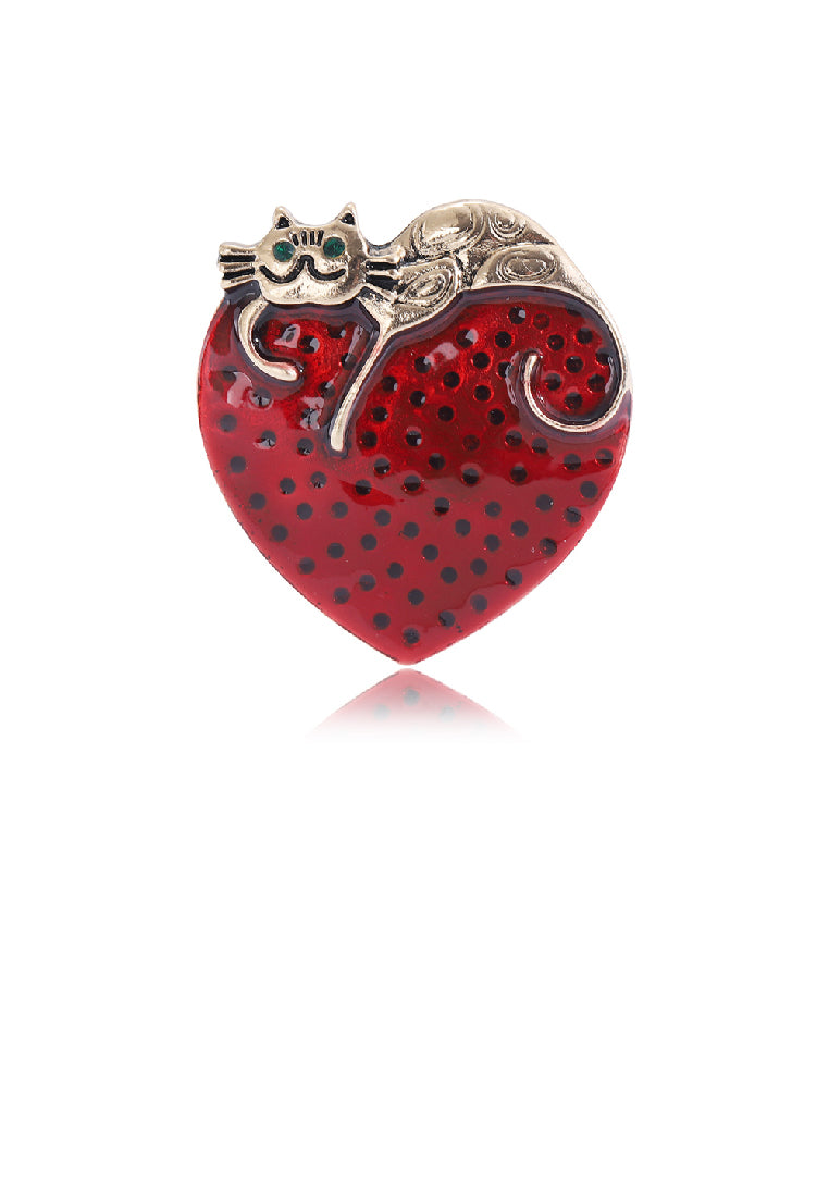 Simple Fashion Plated Gold Cat Enamel Red Heart Brooch - Vibrant Color