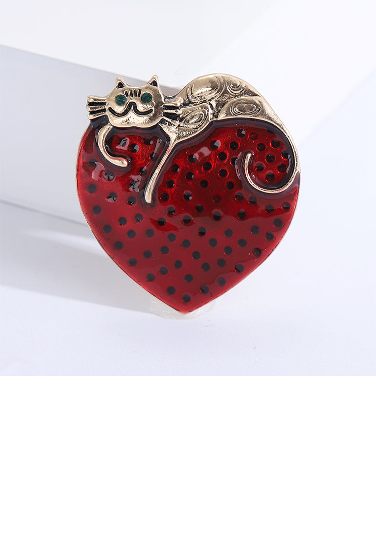 Simple Fashion Plated Gold Cat Enamel Red Heart Brooch - Vibrant Color
