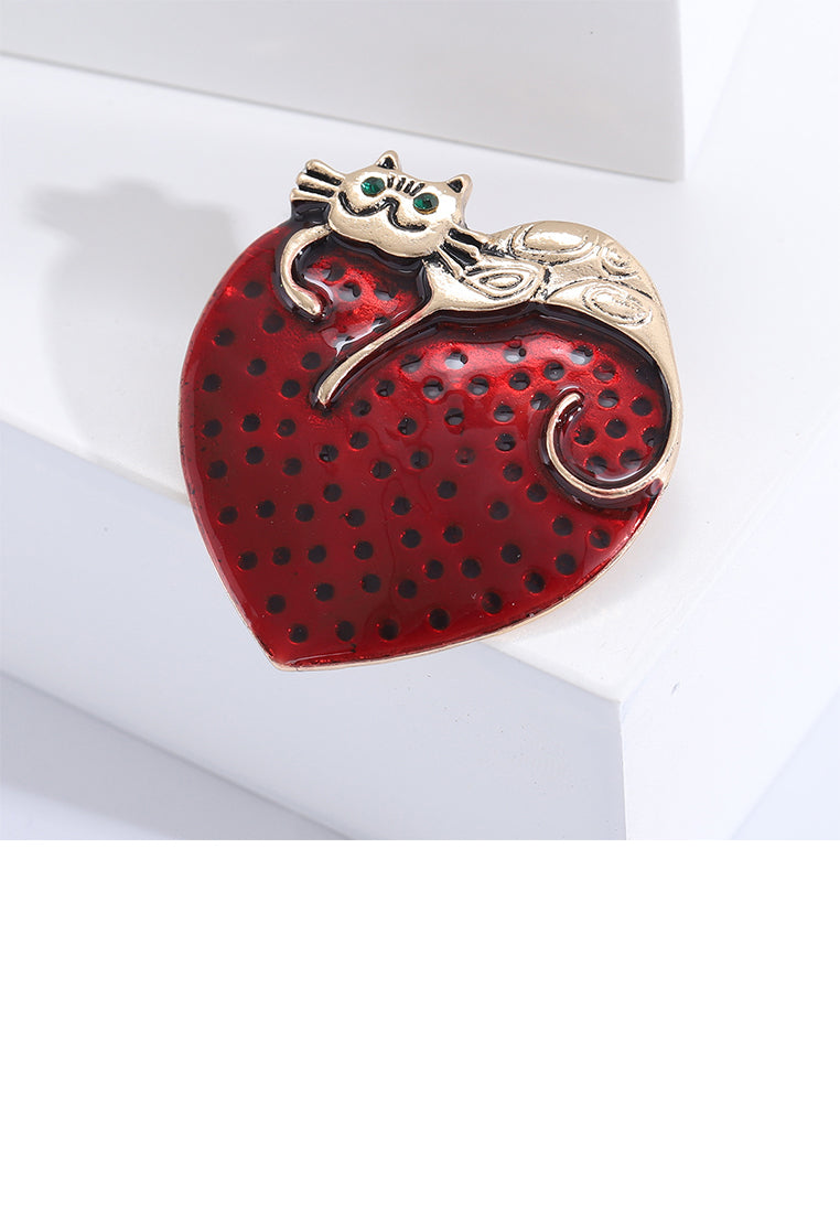 Simple Fashion Plated Gold Cat Enamel Red Heart Brooch - Vibrant Color