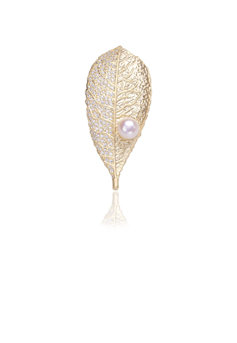 Fashion Simple Plated Gold Leaf Imitation Pearl Brooch with Cubic Zirconia - Luxurious Look