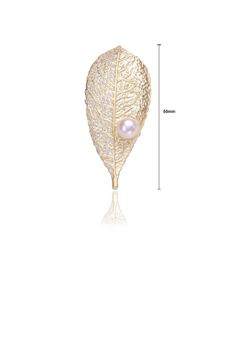 Fashion Simple Plated Gold Leaf Imitation Pearl Brooch with Cubic Zirconia - Luxurious Look