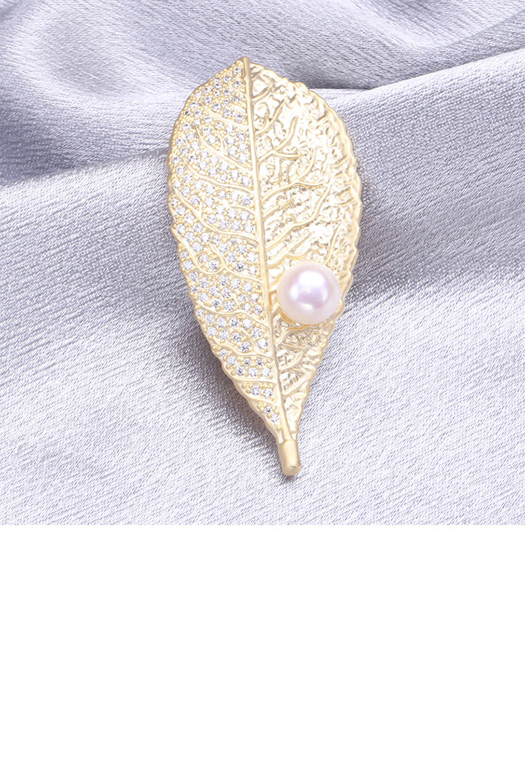 Fashion Simple Plated Gold Leaf Imitation Pearl Brooch with Cubic Zirconia - Luxurious Look
