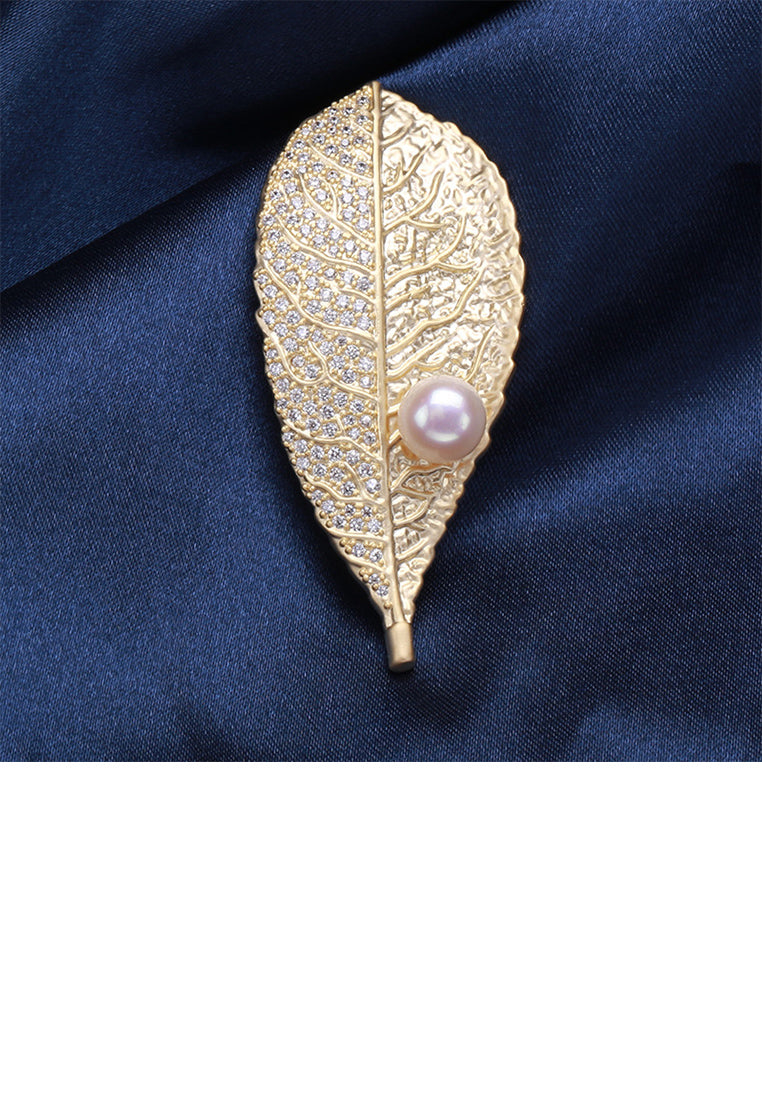 Fashion Simple Plated Gold Leaf Imitation Pearl Brooch with Cubic Zirconia - Luxurious Look