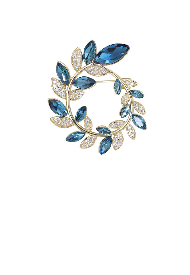 Fashion Simple Plated Gold Olive Branch Wreath Brooch with Blue Cubic Zirconia - Luxurious Look