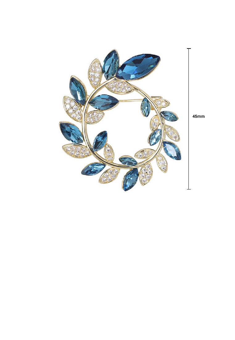 Fashion Simple Plated Gold Olive Branch Wreath Brooch with Blue Cubic Zirconia - Luxurious Look