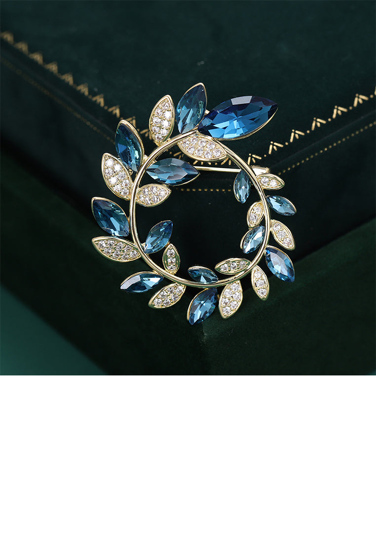Fashion Simple Plated Gold Olive Branch Wreath Brooch with Blue Cubic Zirconia - Luxurious Look