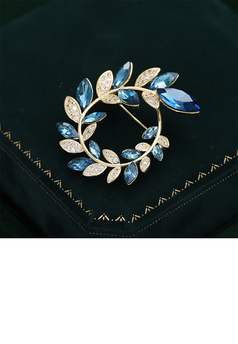 Fashion Simple Plated Gold Olive Branch Wreath Brooch with Blue Cubic Zirconia - Luxurious Look