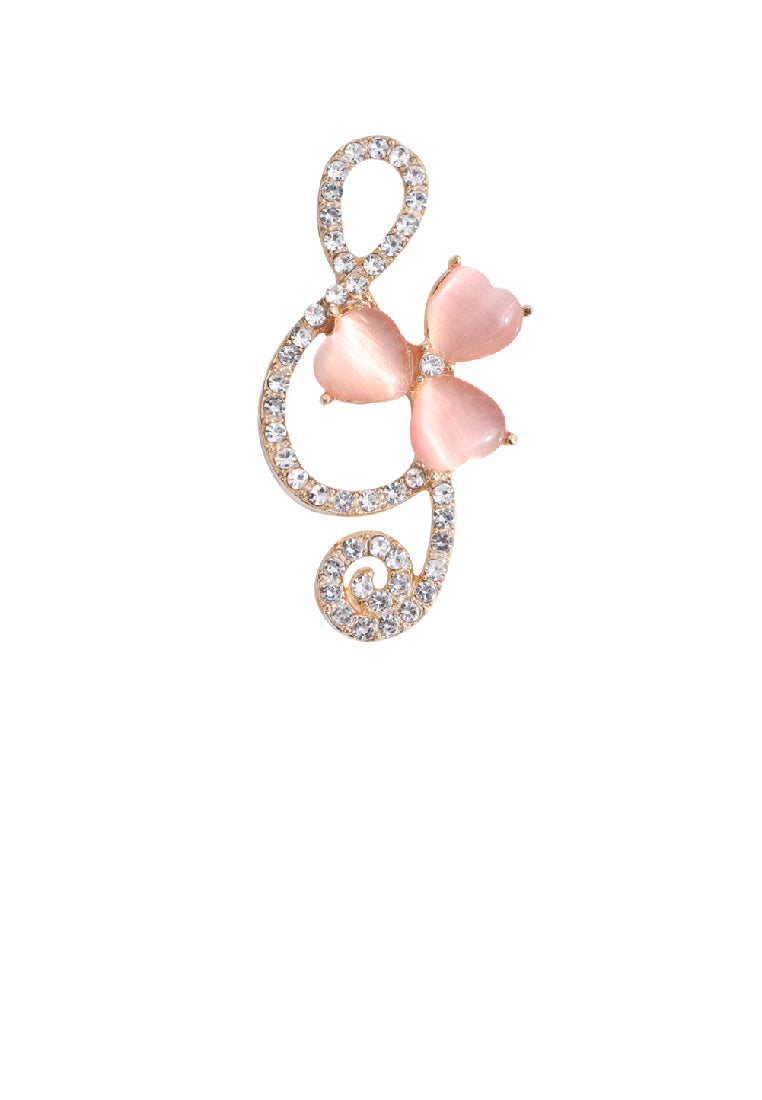 Simple Temperament Plated Gold Musical Note Pink Opal Brooch with Cubic Zirconia - Luxurious Look - Vibrant Color
