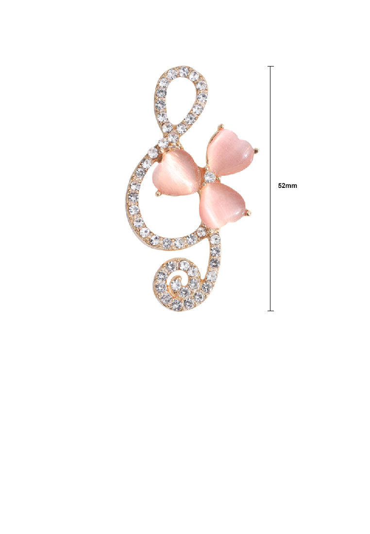 Simple Temperament Plated Gold Musical Note Pink Opal Brooch with Cubic Zirconia - Luxurious Look - Vibrant Color