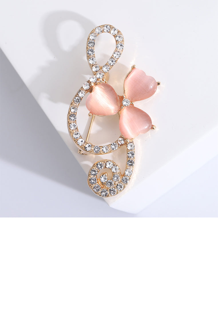Simple Temperament Plated Gold Musical Note Pink Opal Brooch with Cubic Zirconia - Luxurious Look - Vibrant Color