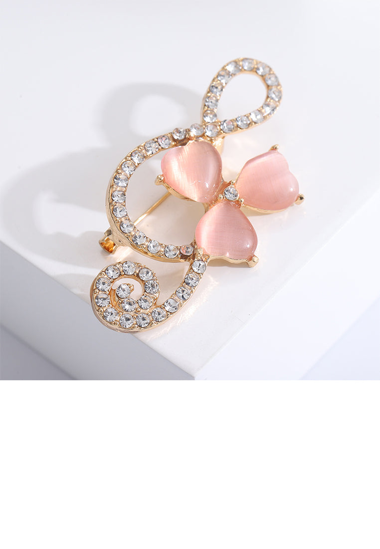 Simple Temperament Plated Gold Musical Note Pink Opal Brooch with Cubic Zirconia - Luxurious Look - Vibrant Color