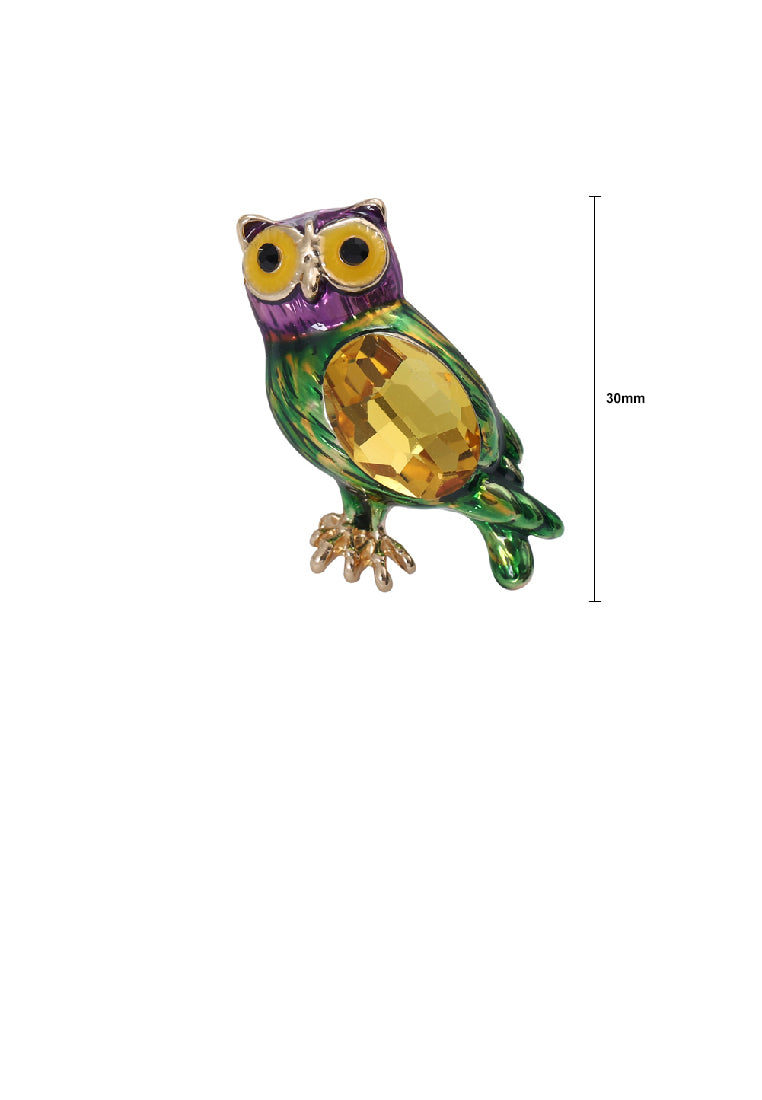 Fashion Lovely Plated Gold Enamel Green Owl Brooch with Cubic Zirconia - Luxurious Look
