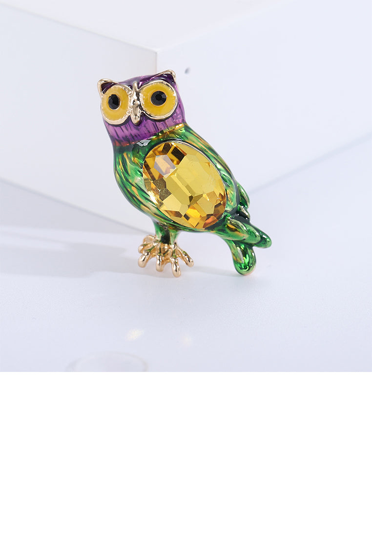 Fashion Lovely Plated Gold Enamel Green Owl Brooch with Cubic Zirconia - Luxurious Look