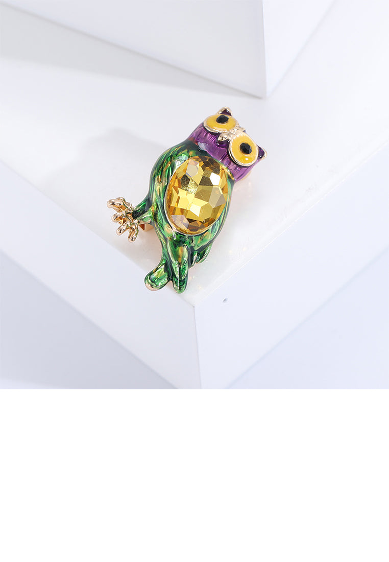 Fashion Lovely Plated Gold Enamel Green Owl Brooch with Cubic Zirconia - Luxurious Look