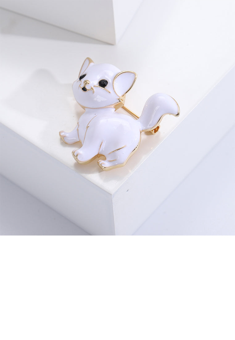 Simple and Cute Plated Gold Enamel White Puppy Brooch with Cubic Zirconia - Luxurious Look