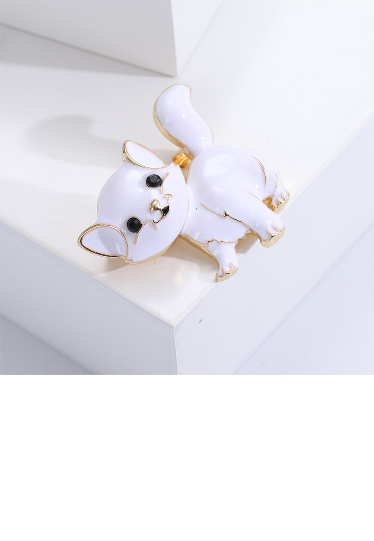Simple and Cute Plated Gold Enamel White Puppy Brooch with Cubic Zirconia - Luxurious Look