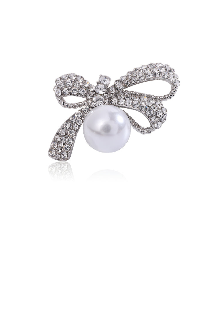Sweet and Cute Ribbon Imitation Pearl Brooch with Cubic Zirconia - Luxurious Look