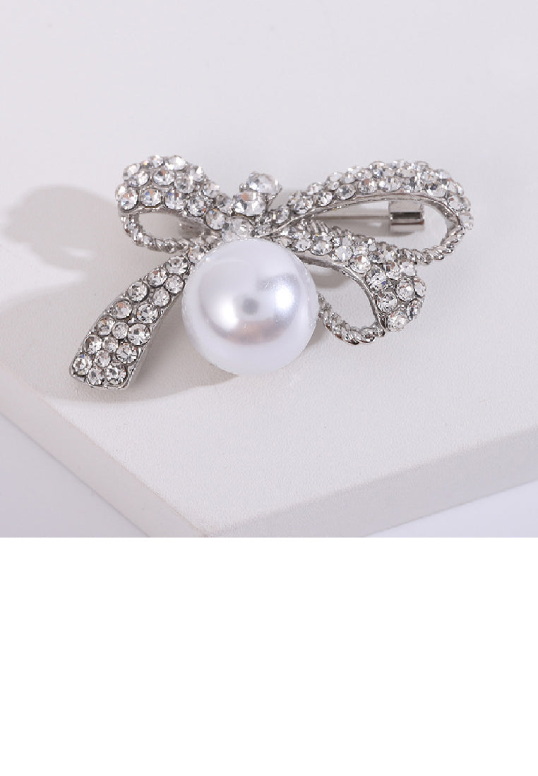 Sweet and Cute Ribbon Imitation Pearl Brooch with Cubic Zirconia - Luxurious Look